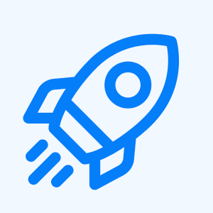 Blue line drawing of a rocket launching with flames underneath.