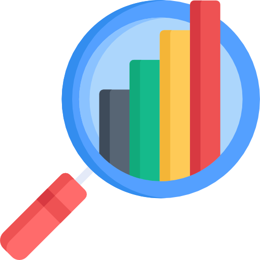Magnifying glass focusing on a bar graph with five colored bars ascending in height from black to red.