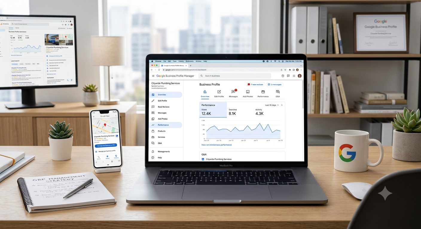 Office desk with a laptop displaying Google Business Profile Manager analytics, a smartphone showing a map, a coffee mug with Google logo, notebooks, pens, potted plants, and a monitor in the background showing a Google Business Profile page
