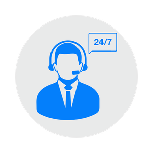 Icon of a customer service representative wearing a headset, with a speech bubble indicating 24/7 availability.
