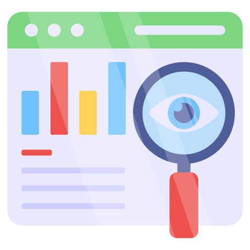 A digital illustration of a magnifying glass with an eye inside, placed over a web browser window displaying colorful bar charts and text lines.