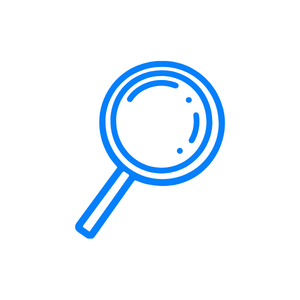 Icon of a magnifying glass with a circular lens and handle, outlined in blue.