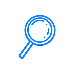 Icon of a magnifying glass with a circular lens and handle, outlined in blue.