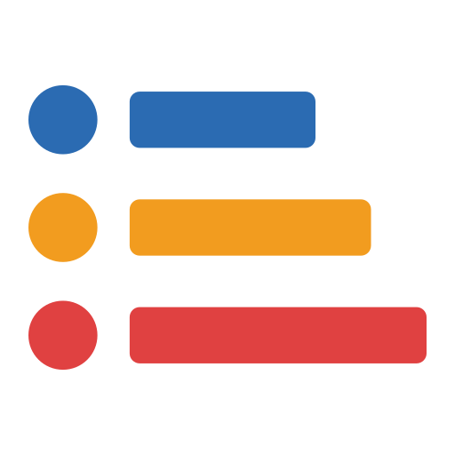 A vertical list with three colored circles and corresponding horizontal bars. The blue circle and bar are at the top, the orange circle and bar are in the middle, and the red circle and bar are at the bottom.
