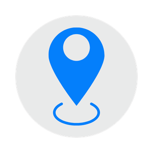 Blue location pin icon on a gray circular background