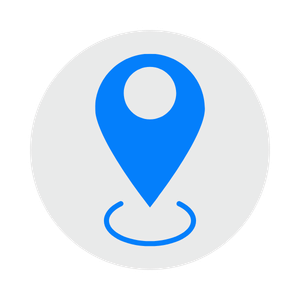Blue location pin icon on a gray circular background