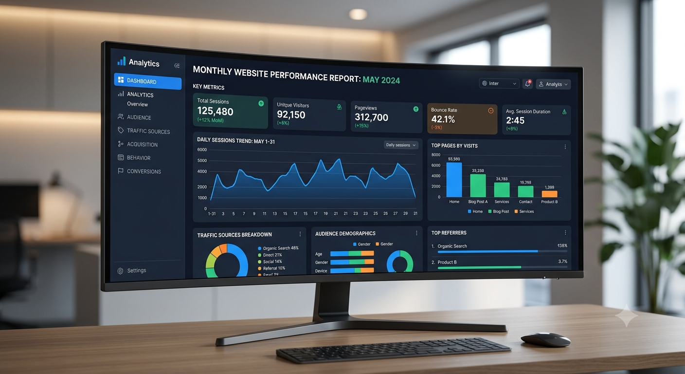 Computer monitor displaying a website traffic analytics dashboard in an office setting.