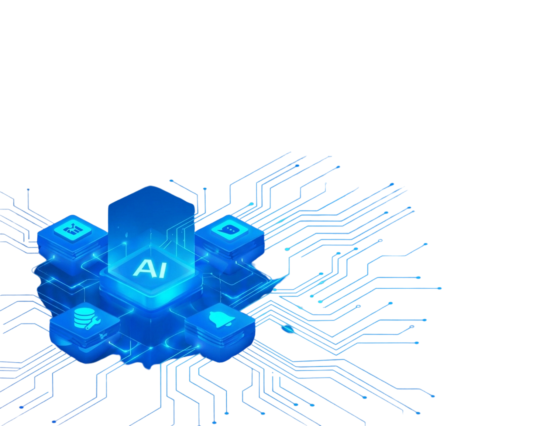 Digital illustration of artificial intelligence (AI) with circuit lines and icons for AI, data, and tools, with glowing blue elements on a black background.