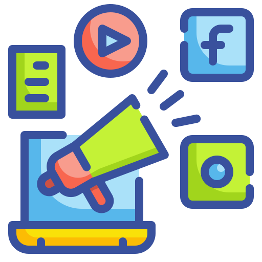 Digital marketing icons including a megaphone, social media logos, a video play button, a camera, and a document, surrounding a laptop.