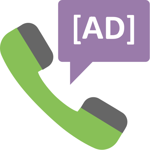 Illustration of a green telephone handset with a purple speech bubble containing the word '[AD]'