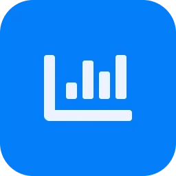 Icon of a bar chart with four vertical bars of varying height on a blue background.