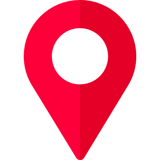 A large red map location pin icon.