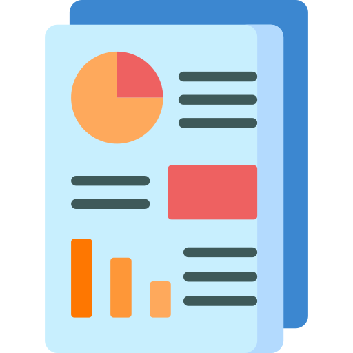 Illustration of a report or infographic with charts and graphs, including a pie chart, bar chart, and data summaries.