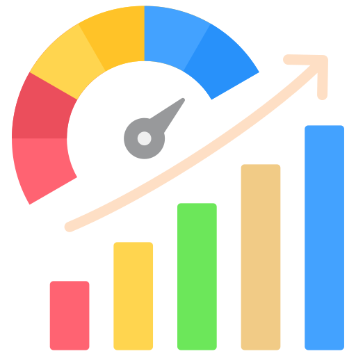 Graph with a rising trend line, bar chart with yellow, green, tan, and blue bars, and a gauge showing high performance.