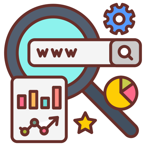 Digital illustration of a magnifying glass with the text 'WWW' inside a search bar, surrounded by icons of a gear, a pie chart, a bar graph, a star, and a line graph, representing internet search and analytics.