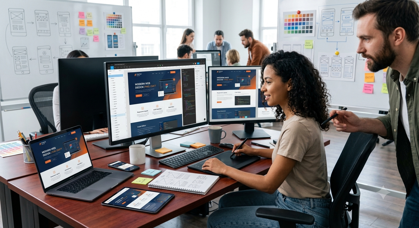 Team members collaborating in a modern office, working on web design projects using multiple monitors, whiteboards with design sketches, and sticky notes.
