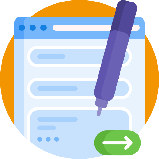 Digital illustration of a web browser window with a pen icon and a green arrow button.