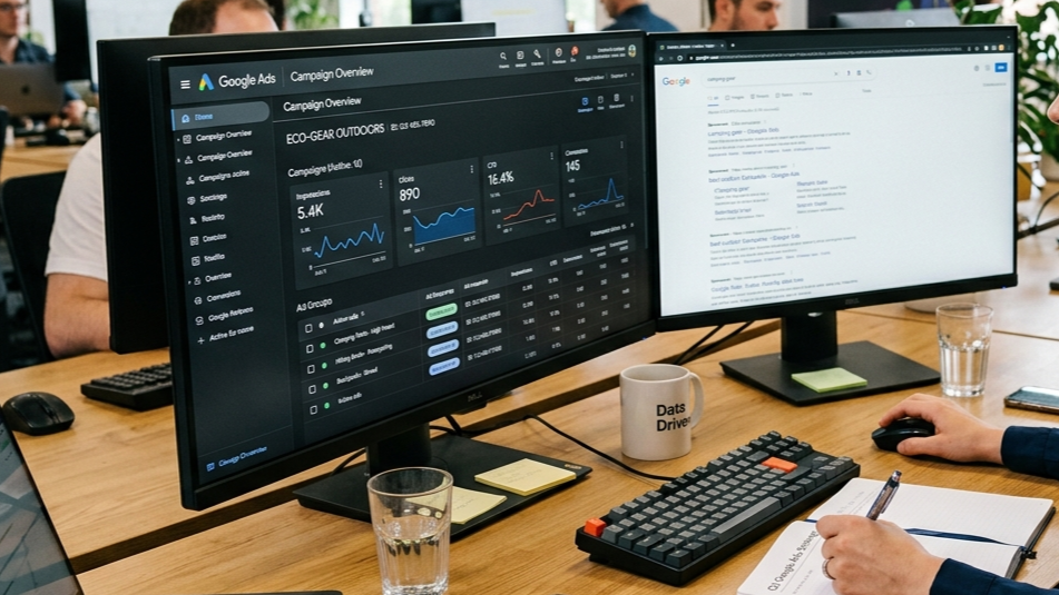Dual computer monitors on a wooden desk in a professional office setting. The left monitor displays Google Ads campaign data, including graphs, statistics, and campaign details. The right monitor shows a Google search results page. In front of the monitors, there's a keyboard, a mouse, a pen, notes, a coffee mug labeled 'Dats Drive,' and a glass of water. A person is holding a pen, taking notes, with other colleagues visible in the background.