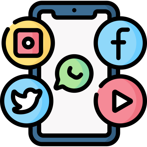 Smartphone displaying icons of popular social media apps: Instagram, Facebook, WhatsApp, Twitter, and YouTube.