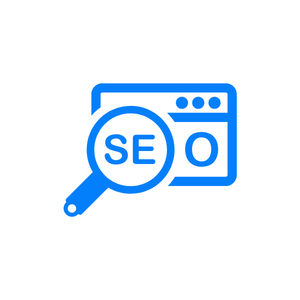 Icon of a magnifying glass with 'SE' in the center, over a web browser window.