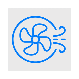 Blue line drawing of a fan with wind lines indicating airflow.