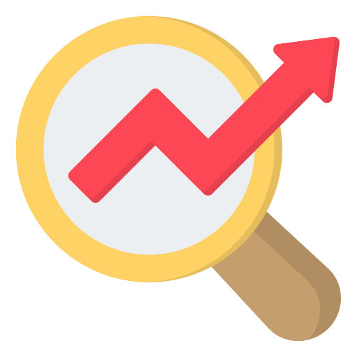 Magnifying glass with a red upward trending arrow inside.