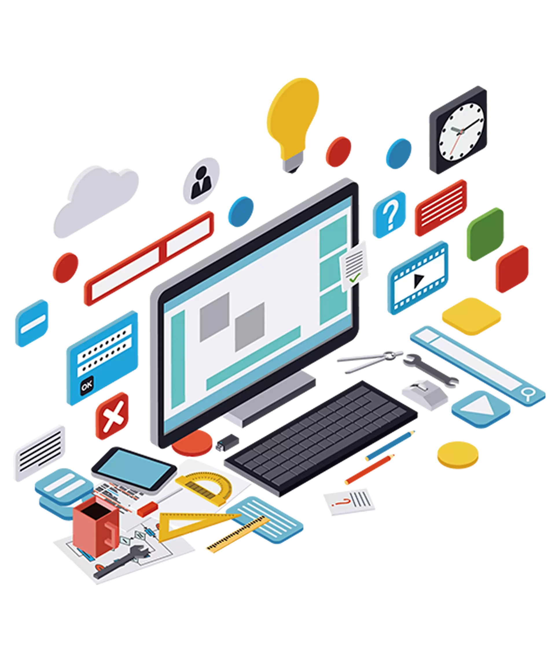 An illustrated workspace with a computer monitor, keyboard, and various digital and physical tools and icons representing technology, media, and communication.