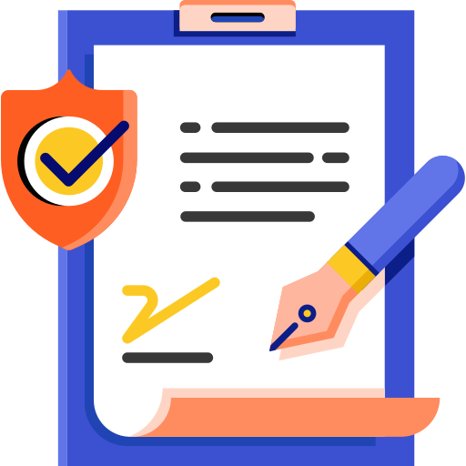 A clipboard with a document, a shield with a checkmark, and a hand signing the document with a pen.