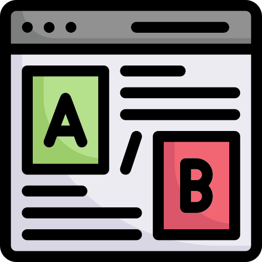 A webpage layout with two large blocks labeled A and B, with the A block in green and the B block in red, and lines of text and navigation at the top.