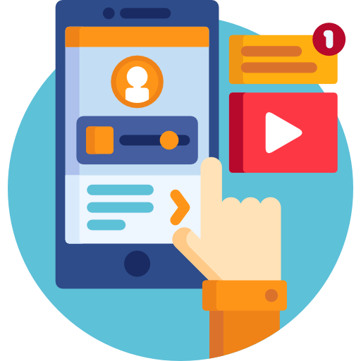 A digital illustration of a hand tapping a smartphone screen with social media notifications and a video play button icon on the background.