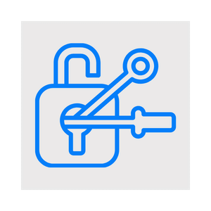 A padlock with a key inserted, depicted in blue outline.