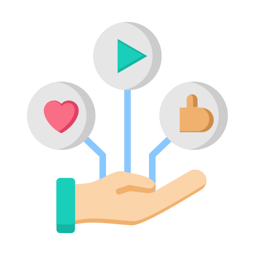 A hand with three icons connected above it: a heart, a thumbs-up, and a play button, representing social media engagement or content interaction.