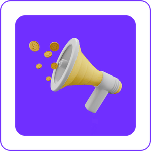 A yellow megaphone with white accents and coins coming out of it on a purple background.