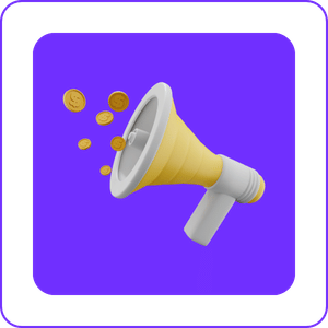 A yellow megaphone with white accents and coins coming out of it on a purple background.