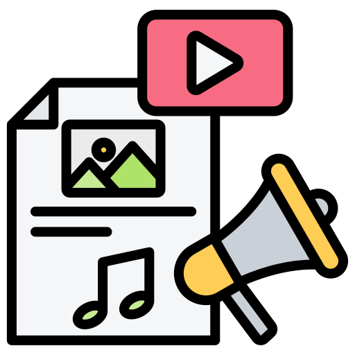 Icon depicting media creation, including a video play button, image, music note, and megaphone.