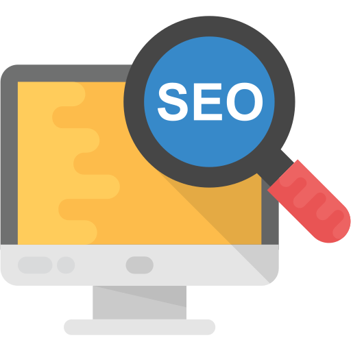 Computer monitor displaying a yellow webpage with a magnifying glass overlay labeled "SEO" in white text.
