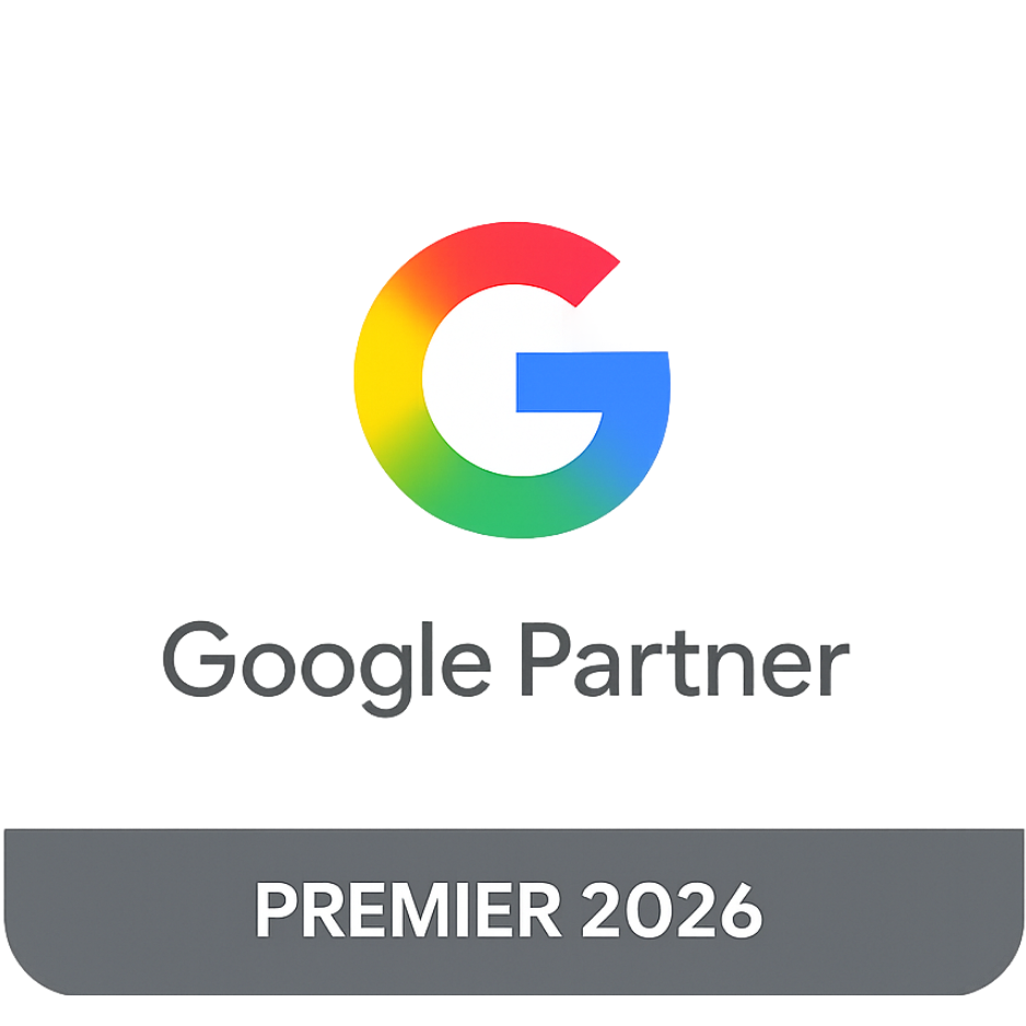 Google Partner logo with Google logo in rainbow colors and text "Google Partner" and "Premier 2026" on a gray background
