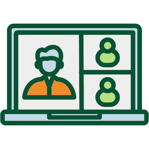 Computer screen showing a virtual meeting with four participants, one wearing a mask and orange shirt.