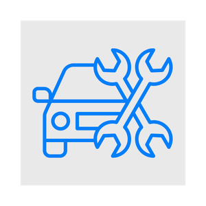 Car with a wrench and screwdriver crossed in front of it, indicating vehicle repair or maintenance.