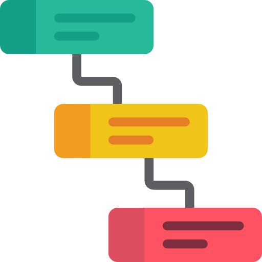A colorful digital illustration of a flowchart with three connected rectangular boxes in green, yellow, and pink, linked by gray lines.