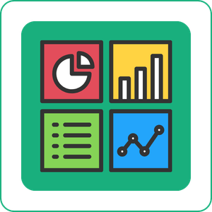 A digital dashboard showing four sections with charts and graphs in red, yellow, green, and blue.