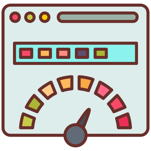 Illustration of a computer screen with a time or speed gauge and colored indicators.
