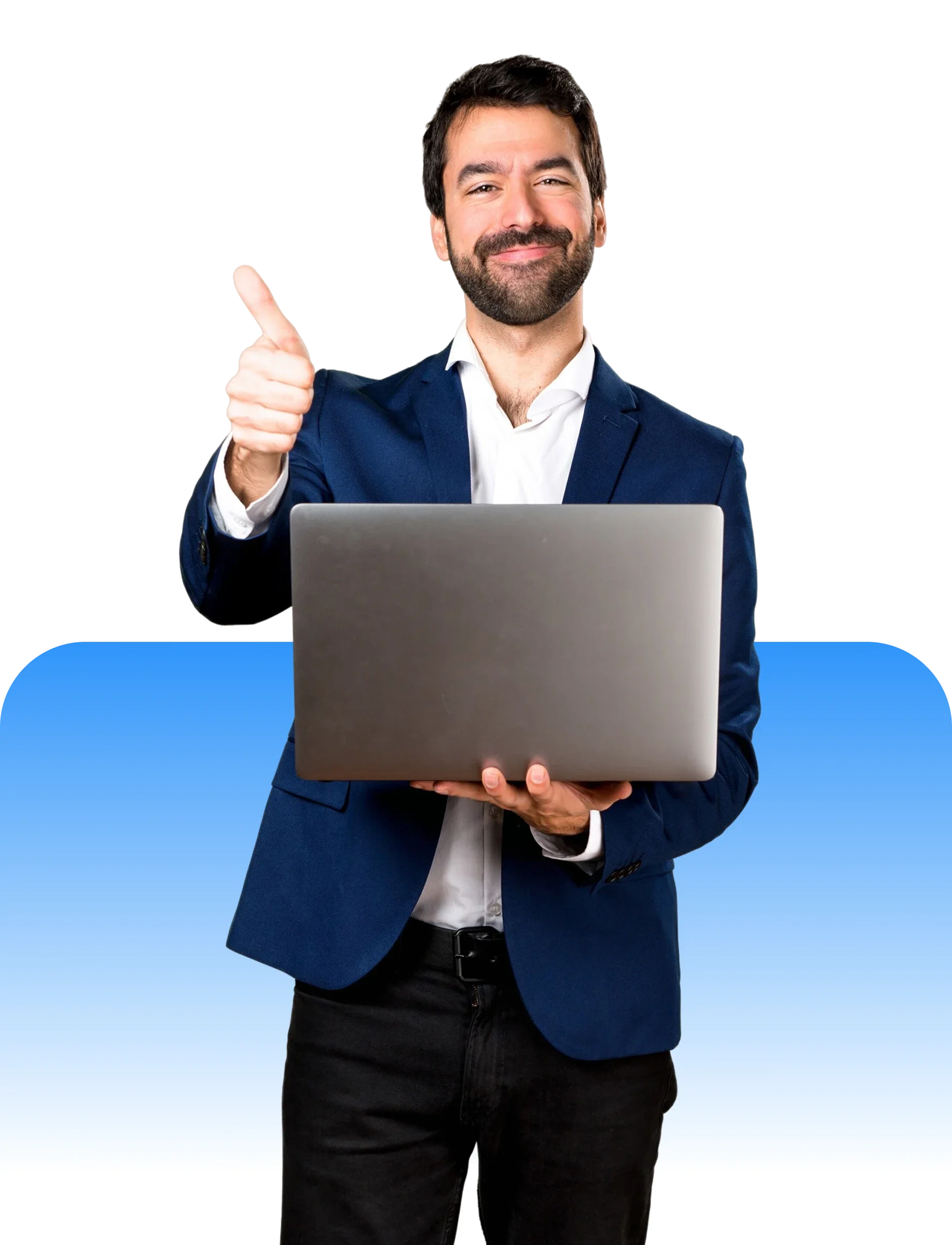 Man in blue blazer holding a laptop and giving a thumbs-up gesture