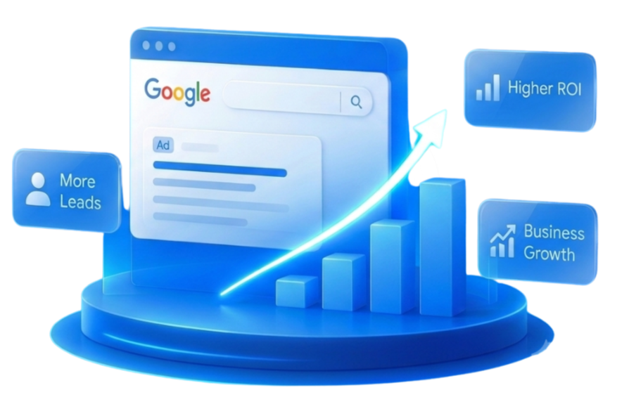 A digital illustration showing a computer screen with a Google search page, surrounded by 3D bar graphs with ascending trend, and labels indicating 'More Leads', 'Higher ROI', and 'Business Growth'