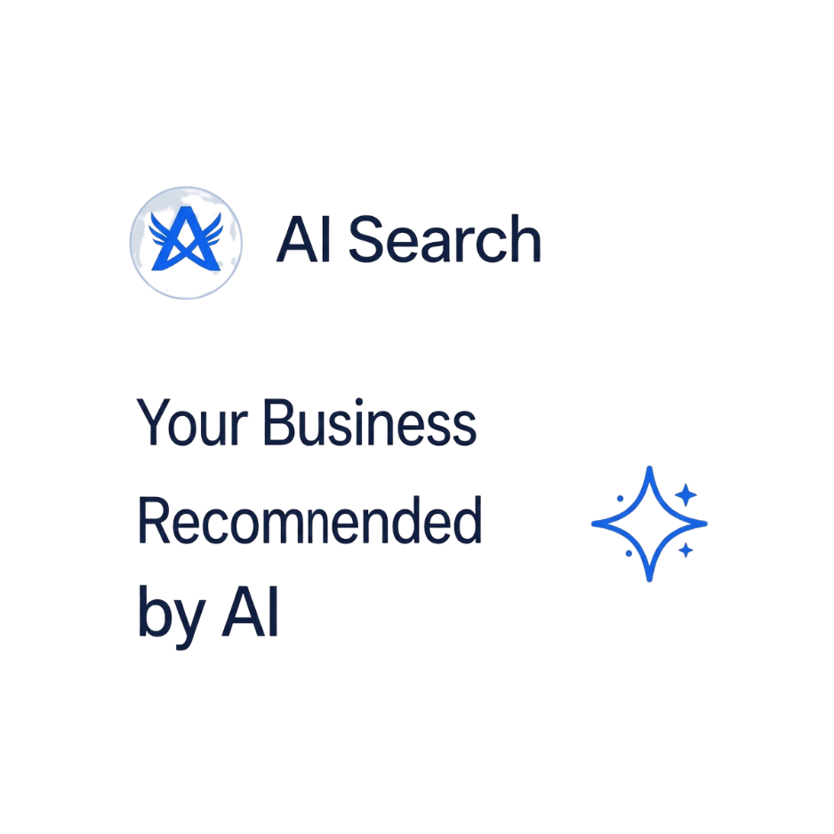 A promotional graphic for AI Search showing a logo with wings and a star, with text that says 'AI Search' and 'Your Business Recommended by AI' on a white background with rounded corners.