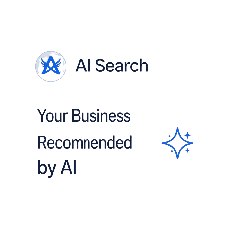 A promotional graphic for AI Search showing a logo with wings and a star, with text that says 'AI Search' and 'Your Business Recommended by AI' on a white background with rounded corners.