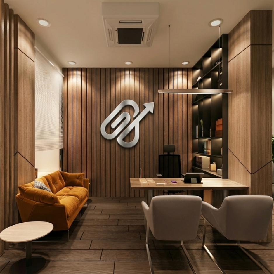 Modern office reception area with wood-paneled wall, a large metallic logo featuring a paperclip with an upward arrow, orange sofa, white chairs, bookshelf, and desk.