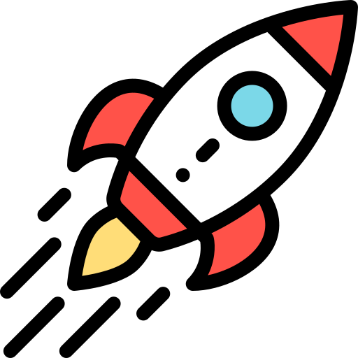 Icon of a rocket ship with a white body, red fins and nose cone, black outline, and yellow flame, set against a black background.