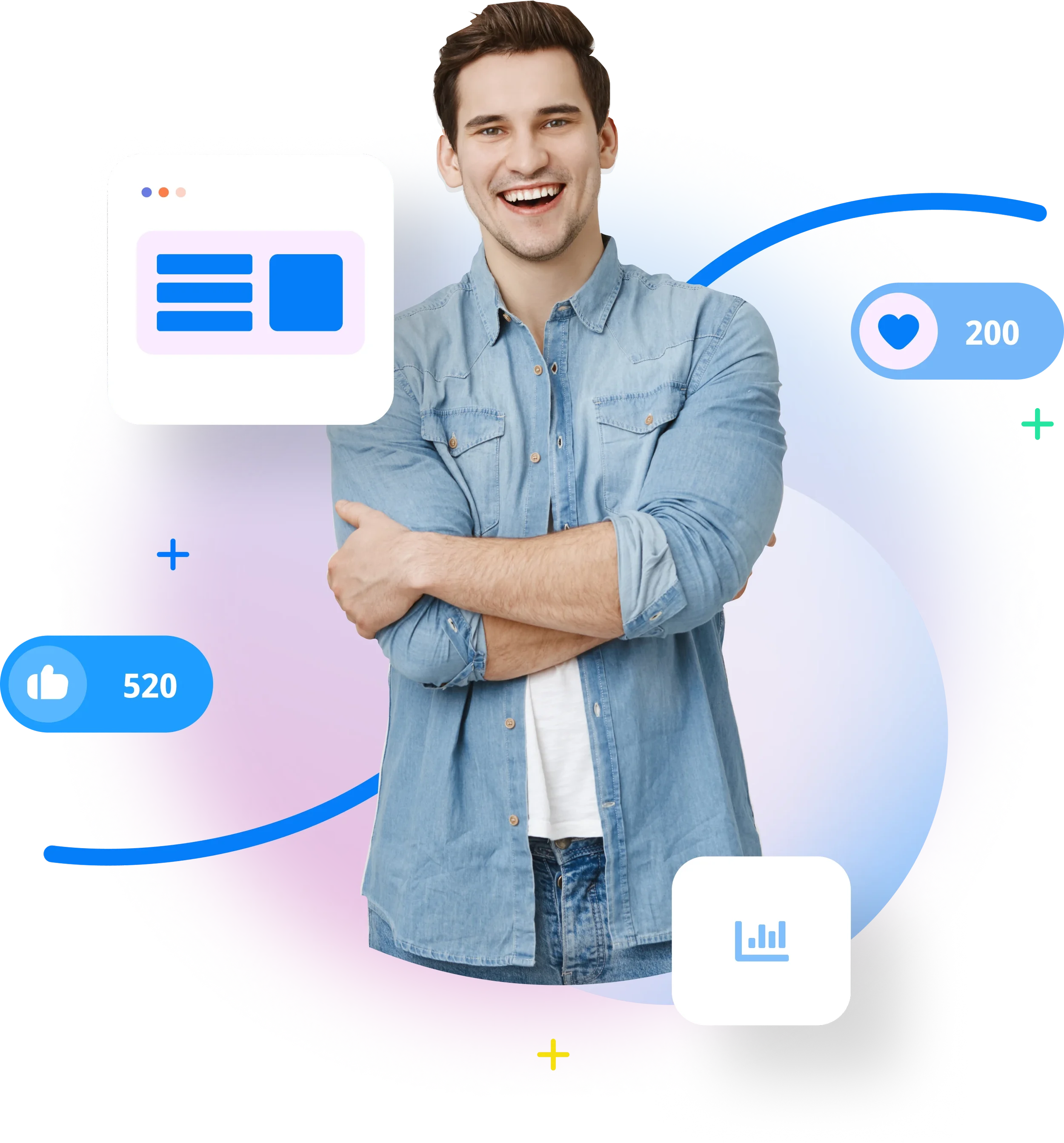 A young man with brown hair, smiling, wearing a light blue denim shirt and jeans, standing with arms crossed against a digital interface background with social media icons and metrics.