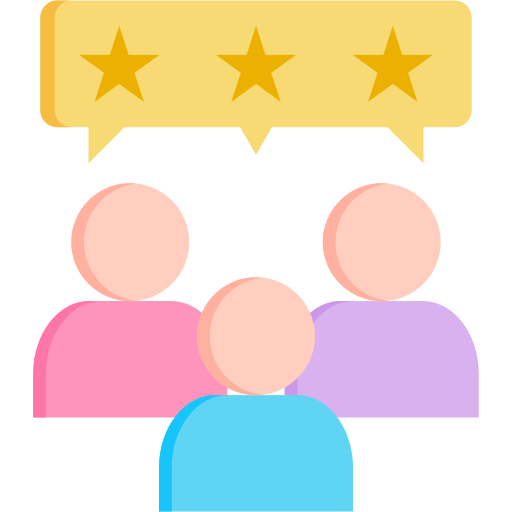 Illustration of three people with a speech bubble showing three gold stars above their heads.